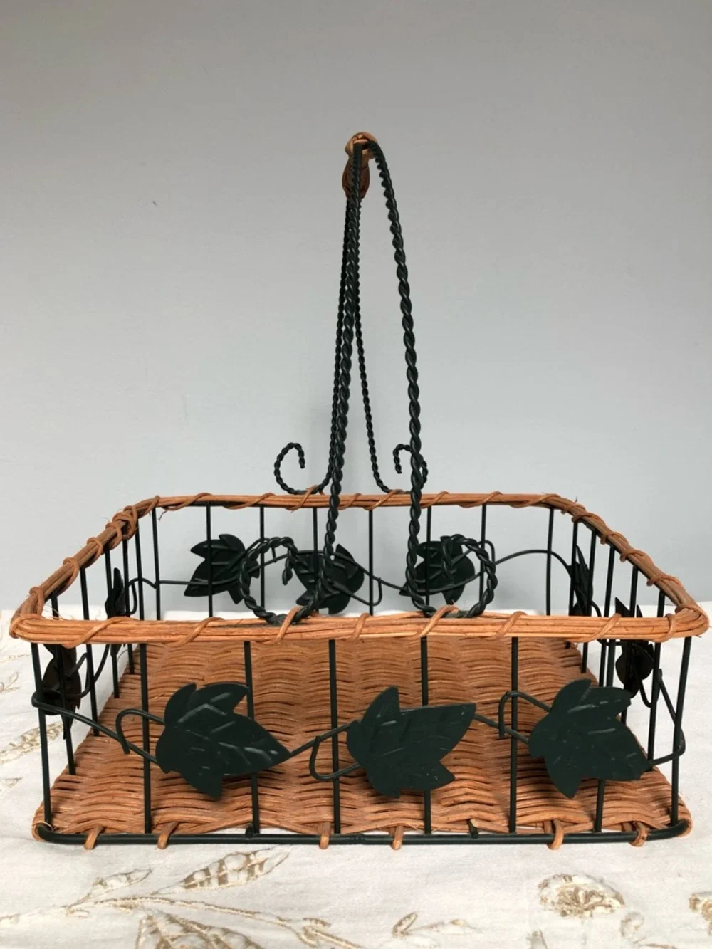 Vintage Wicker & Wrought Iron Oval Basket with Leaf Accents